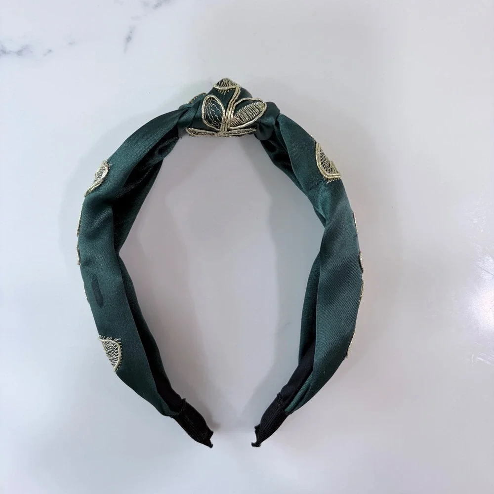 Emerald Green Satin Top Knot Headband Gold Floral Metallic‎ Embroidery Wide Hair